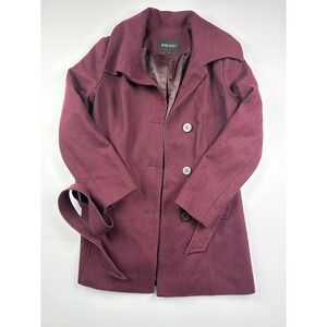 Nine West Burgundy Wool Blend Belted Peacoat Women Size 6 Wine Red Trench Coat